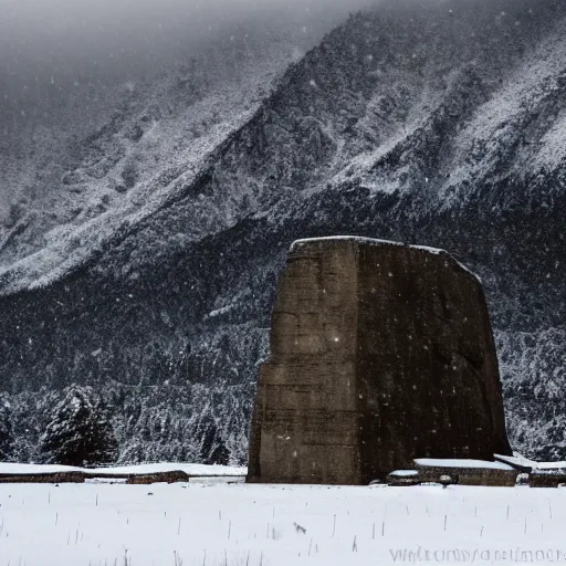 Image similar to a monolithic temple next to a snowcapped mountain. overcast sky, grainy, snowing.