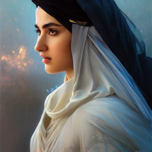 Image similar to a Photorealistic dramatic hyperrealistic render of an arab ameera al taweel, blue eyes, wavy black hair, white veil,by WLOP,Artgerm,Greg Rutkowski,Alphonse Mucha, Beautiful dynamic dramatic dark moody lighting,shadows,cinematic atmosphere,Artstation,concept design art,Octane render,8K