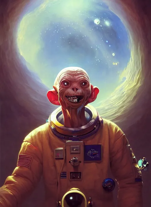 Image similar to portrait of gollum as astronaut, subsurface scattering, by jesper ejsing, justin gerard, tomasz alen kopera, cgsociety and fenghua zhong, highly detailed, rim light, cinematic lighting, illustration, art, octane render, very coherent, cinematic, hyper realism, high detail, octane render, 8 k