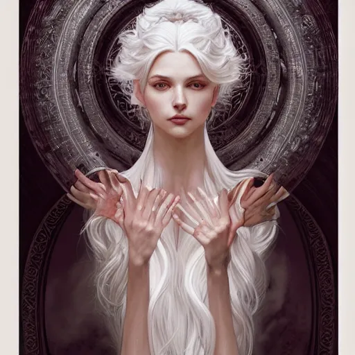 Prompt: goddess, white hair, long hair, hands open for a hug, intricate, elegant, ethereal, highly detailed, digital painting, artstation, concept art, smooth, sharp focus, illustration, art by artgerm and greg rutkowski and alphonse mucha