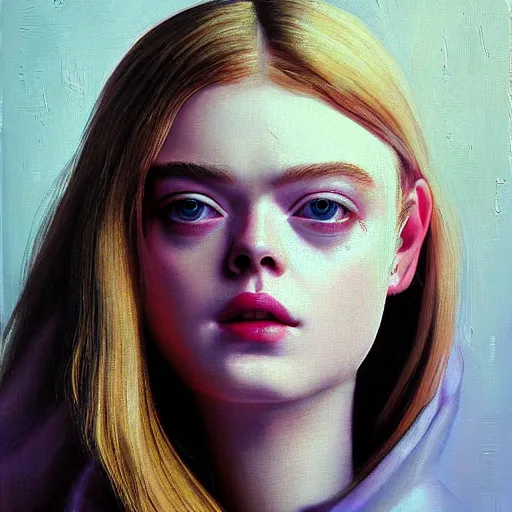 Image similar to a striking hyper real painting of cyberpunk Elle Fanning by Johannes Vermeer