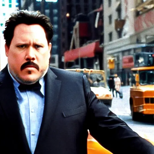 Image similar to clean-shaven Jon Favreau as Happy Hogan wearing a black suit and black necktie fighting a bus in the streets of New York city, cinematic, 33mm film still