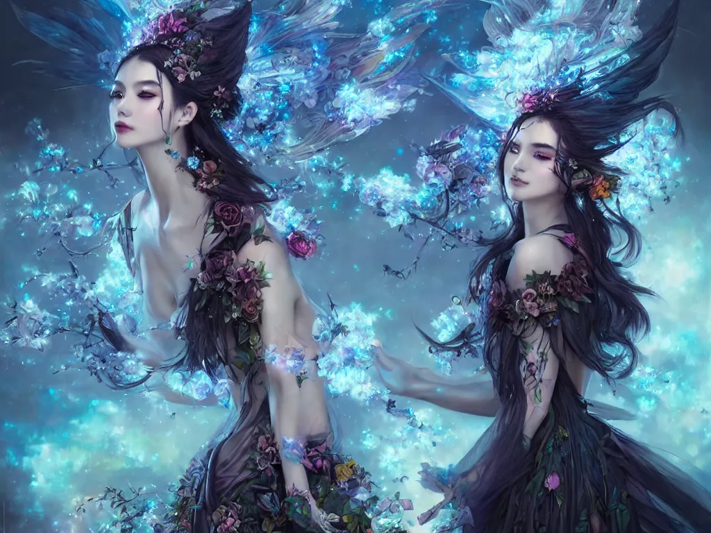 Prompt: a beautiful dark fire priestess fairy in a cyberpunk garden with cloud flowers, elegant pose, realistic illustrative painting, artgerm, visionary arts, huang guangjian