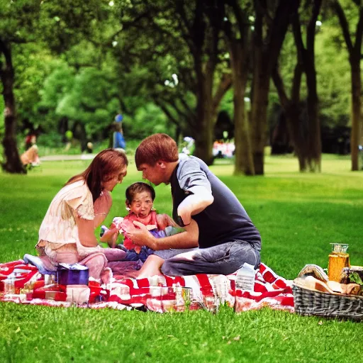 Prompt: A family having a picnic in park from the perspective of an ant on the table - 35mm