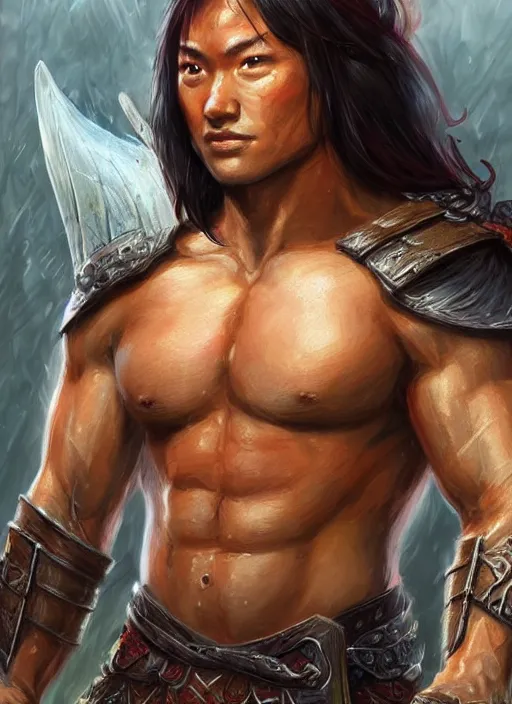 Image similar to muscly asian man middle parted hair, dndbeyond, bright, colourful, realistic, dnd character portrait, full body, pathfinder, pinterest, art by ralph horsley, dnd, rpg, lotr game design fanart by concept art, behance hd, artstation, deviantart, hdr render in unreal engine 5