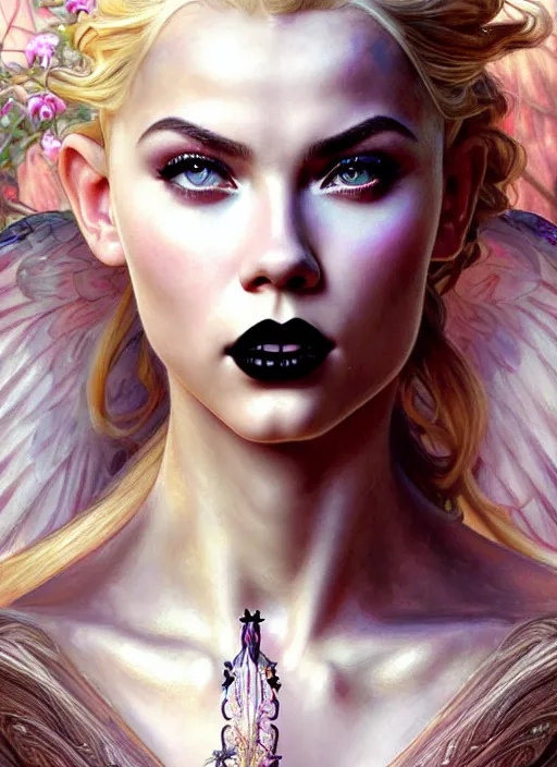 Image similar to ultra realistic illustration, a stunningly beautiful greek gothic goddess of chaos played by jordyn jones and dove cameron and margot robbie and taylor swift and megan fox and adriana lima, intricate, elegant, highly detailed, digital painting, artstation, concept art, smooth, sharp focus, illustration, art by artgerm and greg rutkowski and alphonse mucha