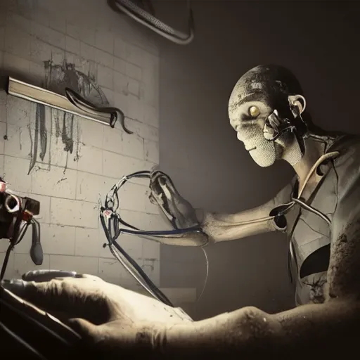 Image similar to a highly detailed photographic render of a surgeon operating on a specimen, creature, outlast, outlast 2, outlast game, horror, dark fantasy, beautifully lit, ray traced, octane 3D render in the style of Gerald Brom and James Gurney