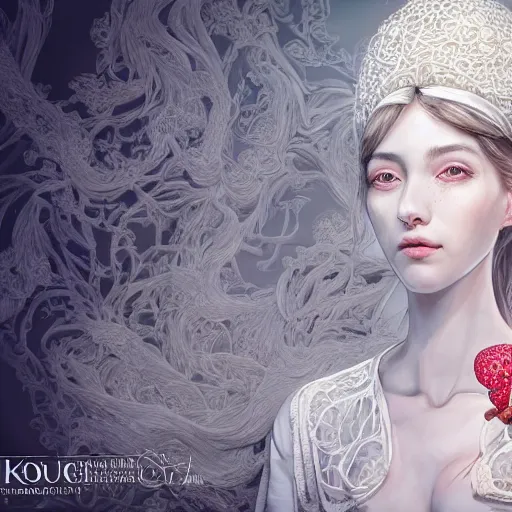 Image similar to the portrait of an absurdly beautiful, graceful, elegant, sophisticated, fashionable young woman made of strawberries and white petals looking down, an ultrafine hyperdetailed illustration by kim jung gi, irakli nadar, intricate linework, bright colors, octopath traveler, final fantasy, unreal engine 5 highly rendered, global illumination, radiant light, detailed and intricate environment