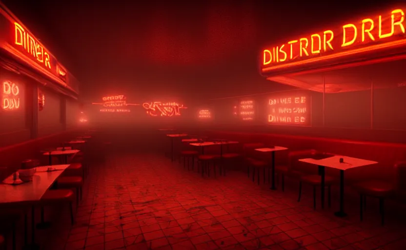 Prompt: diner, horror scene, dim neon lighting, beautiful volumetric-lighting-style atmosphere, eerie atmosphere, intricate, detailed, photorealistic imagery, artstation