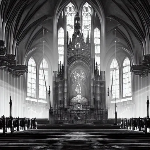 Image similar to an ultra detailed black and white matte painting of the throne of the evil patriarch up incredibly high looking down into the cathedral, incense smoke drifting through the air, artstation, volumetric lighting, exquisite detail, octane render, 8 k postprocessing, art by john collier and albert aublet