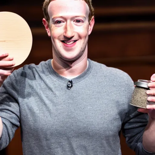 Prompt: mark zuckerberg holding circular wooden coaster and cup up to the camera