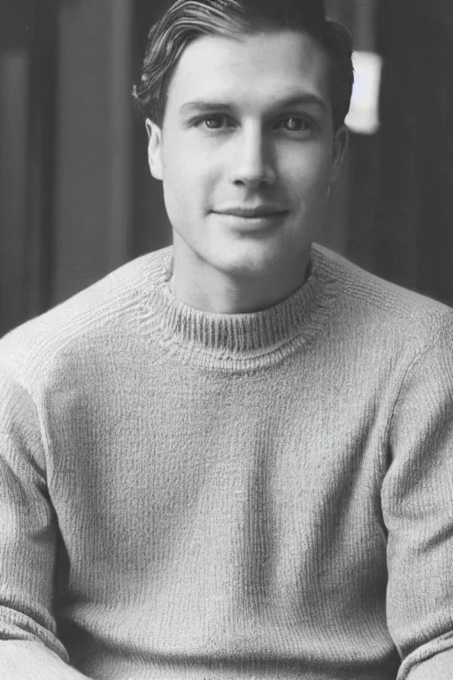 Prompt: gus hall in a sweater, black and white photograph