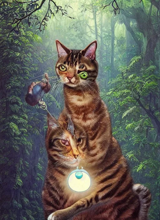 Image similar to a hyper realistic cat god with happy lighting and technology jewelry in the woods gorgeous lighting, sunbeams blue sky, lush forest foliage painting by chiara bautista and beksinski and norman rockwell and greg rutkowski weta studio, and lucasfilm