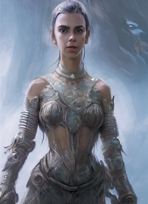 Image similar to a professional portrait of a beautiful young female, clothed in ethereal battle armor, olive skin, long dark hair, beautiful bone structure, symmetrical facial features, intricate, elegant, digital painting, concept art, smooth, sharp focus, finely detailed, illustration, from Valerian and the City of a Thousand Planets, in the style of Ruan Jia and Mandy Jurgens and Artgerm and Greg Rutkowski and William-Adolphe Bouguerea