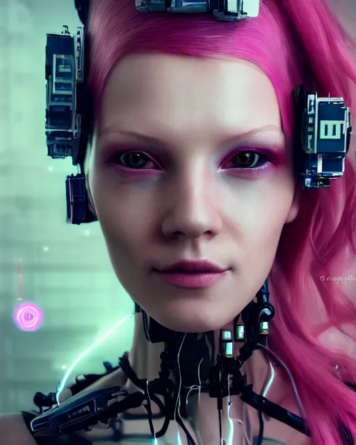 Prompt: portrait of a beautiful russian woman with pink hair as a cyberpunk cyborg half robot, revealing wires and electronics, sci - fi, missing panels, intricate abstract upper body intricate artwork, concept art, octane render, deviantart, cinematic, key art, hyperrealism, iridescent accents, portrait photograph, nikon 3 5 mm, photograph by greg rutkowski