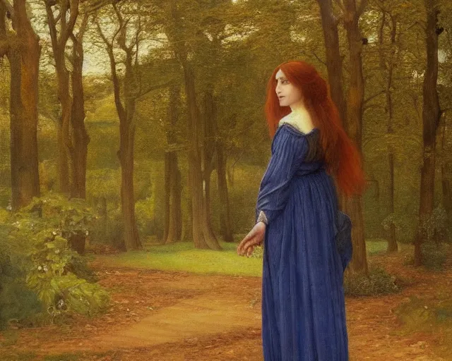 Prompt: beautiful pre - raphaelite painting of woman alone in a park, trending on artstation,