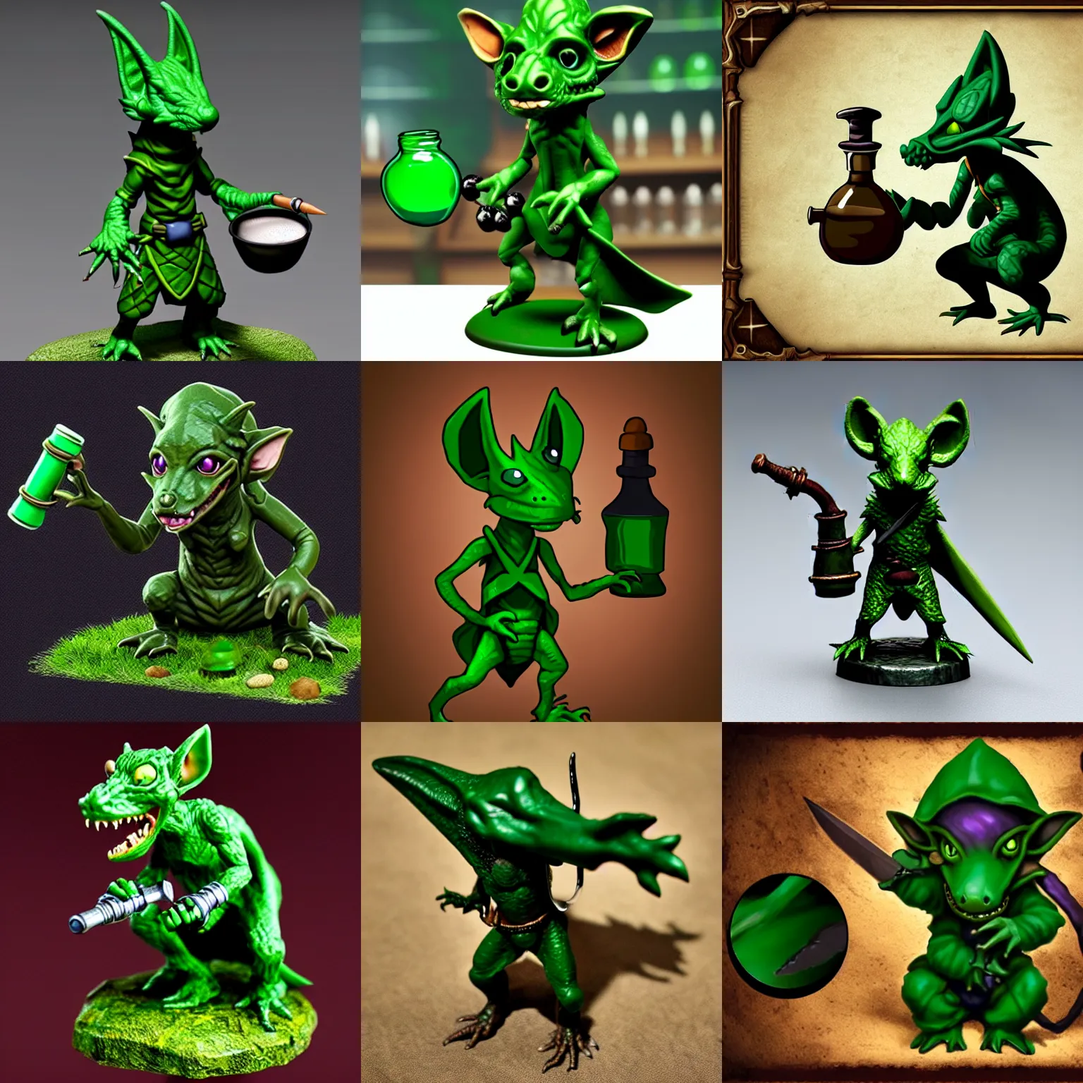 Prompt: dark green kobold alchemist preparing potions, very high quality, sharp, crisp, realistic, photorealistic