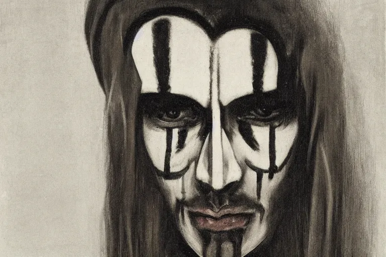 Image similar to detailed portait of a dungeon necromancer with long hair and face paint, by laszlo moholy - nagy