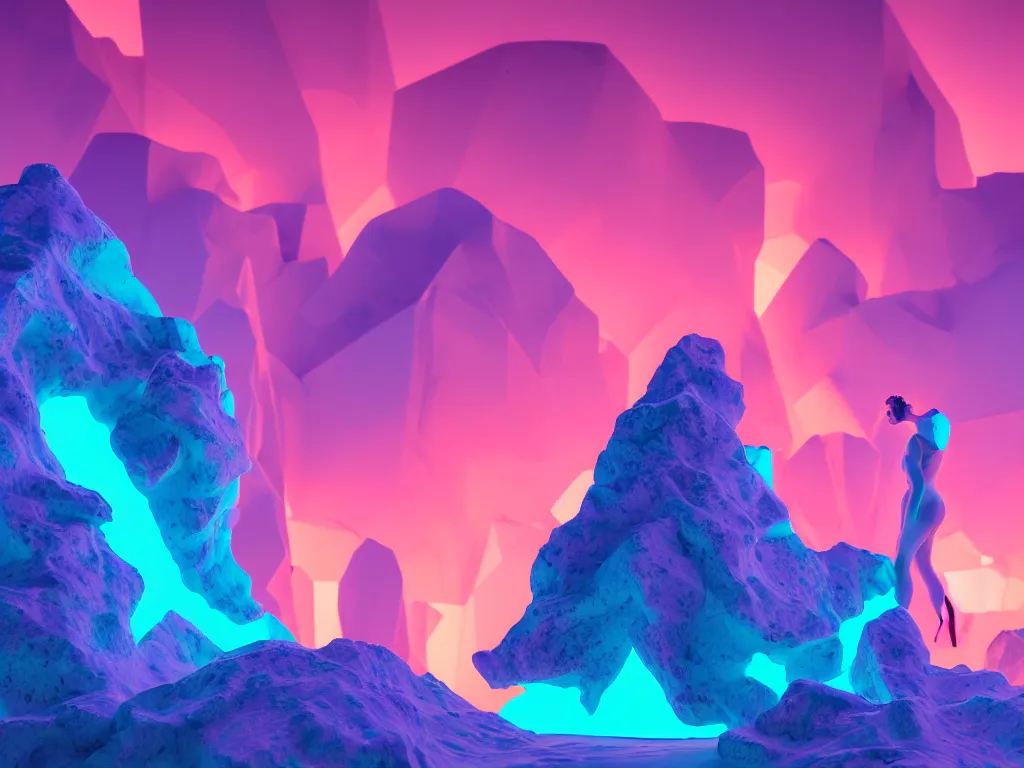 Image similar to manikin made of marble, fractal neon explosion revealing a portal to a vaporwave paracosm, mountains in background, introspective, cinematic, rule of thirds, clean linework, dramatic, award winning, 4 k, trending on artstation, photorealistic, volumetric lighting, octane render