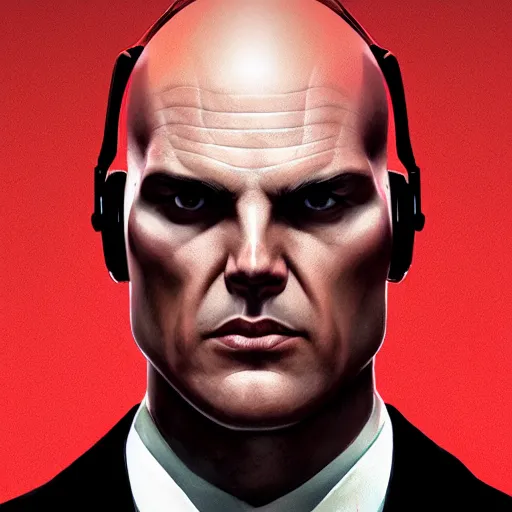 Prompt: a symmetrical portrait of agent 4 7 from hitman wearing headphones, dark background, red rim light, highly detailed, digital art, artstation, concept art, smooth, sharp focus, greg rutkowski, wlop