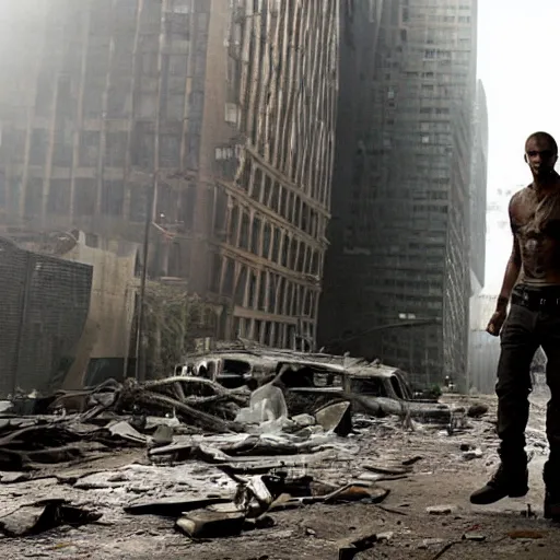 Image similar to Drake as Robert Neville in I Am Legend (2007), post apocalyptic city, environment 8k, ruins