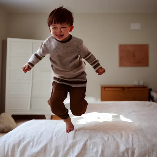 Image similar to little cute boy jumping on his bed by WLOP