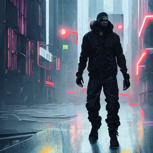 Image similar to A broad shouldered, muscular man in an Acronym techwear outfit, Acronym P31-ds pants, high quality, digital art, dire cyberpunk city, gray sky, neon signs in background, greg rutkowski