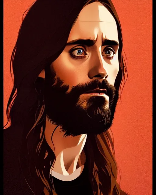 Prompt: stylized portrait of jared leto as jesus christ, dense forest, moody cinematic colors one single head, realistic shaded, fine details, realistic shaded lighting poster by ilya kuvshinov, magali villeneuve, artgerm, jeremy lipkin and michael garmash and rob rey