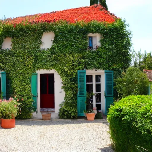 Prompt: ile de re house with a garden full of tremiere rose, two stores, white walls, orange roof