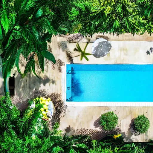 Image similar to On a tree view of the neighbors backyard swimming pool, there is a mermaid swimming in it, photo realistic, award winning photo, detailed, 8k, hd