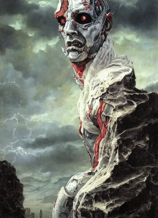 Image similar to portrait of a diabolical marble stone cyborg, wearing torn white cape, dynamic pose, thunder, glowing eyes, post apocalyptic ancient ruins, glowing veins subsurface scattering, in clouds, sunset, portrait, by gerald brom, by mikhail vrubel, by peter elson, muted colors, extreme detail, trending on artstation, 8 k