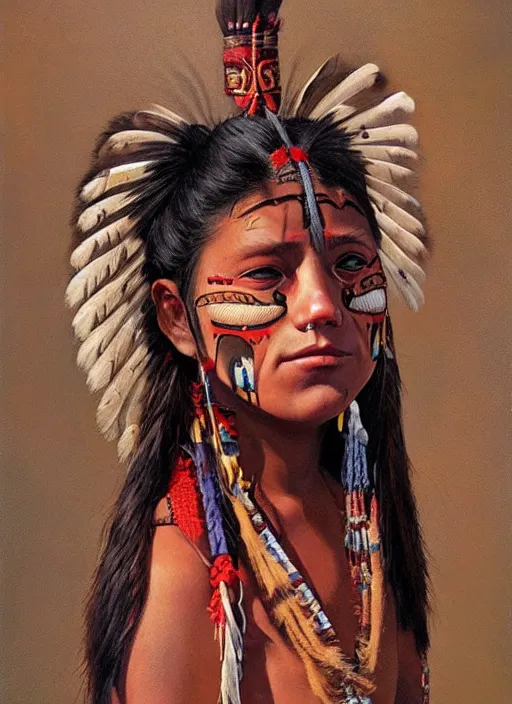 Prompt: oil painting of a young comanche girl in traditional dress, facial tattoos, art by michael whelan