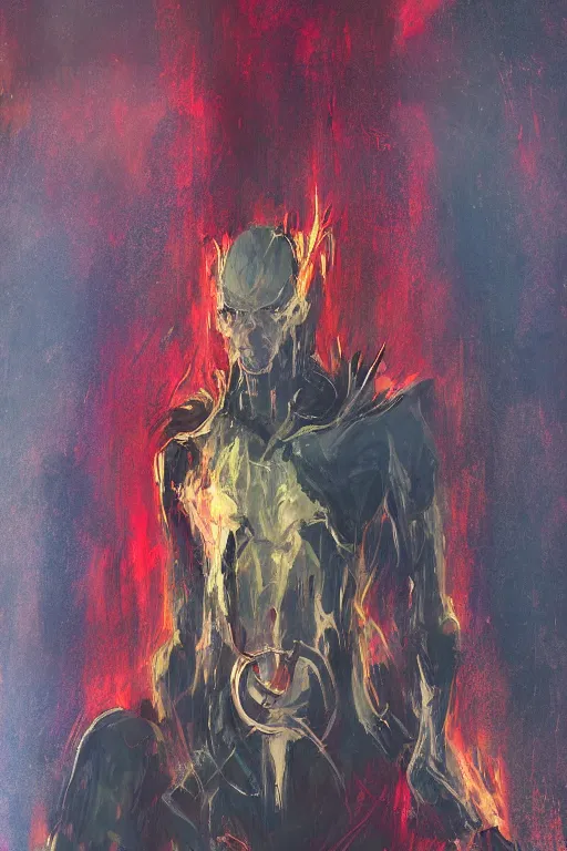 Image similar to an abstract expressionist painting of hyperion, lord of all vampires, tarot card, trending on artstation, digital painting, character concept art portrait, scary