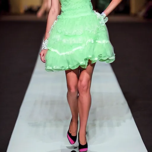 Prompt: cupcake dress on supermodel walking on fashion show runway
