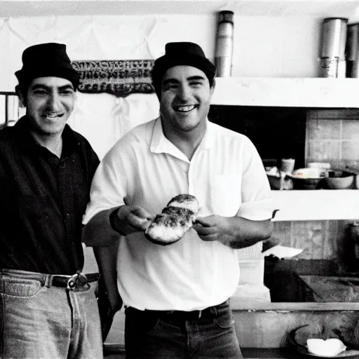 Prompt: a Kodak shot of two old brothers with white butcher clothes hug each other looking at the camera and holding a choripan, black and white, low fidelity