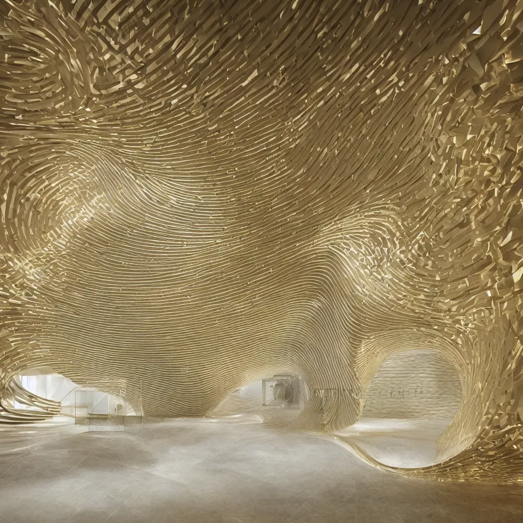 Prompt: an incredibly smooth curvilinear neo baroque interior architectural spatial sculpture, a golden pool on the ground is envelope by folding white surfaces, blue light, visually satisfying seductive architecture render