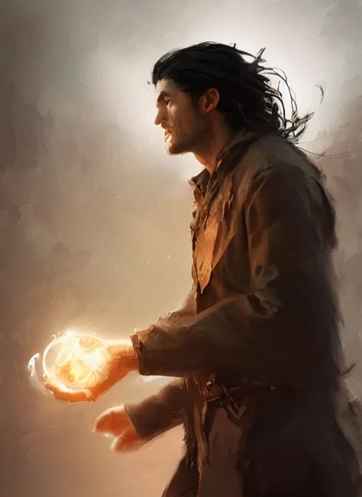 Image similar to side profile of a man with long black hair in brown rags holding a magical orb, fantasy, intricate, sharp focus, lens flare, bloom, illustration, highly detailed, digital painting, concept art, matte, art by ruan jia and wlop and greg rutkowski, masterpiece