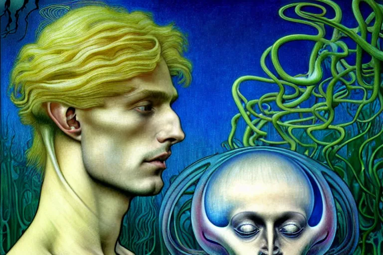 Image similar to realistic detailed portrait painting of a beautiful ghost man with blond hair with an alien, futuristic sci-fi forest on background by Jean Delville, Amano, Yves Tanguy, Alphonse Mucha, Ernst Haeckel, Edward Robert Hughes, Roger Dean, rich moody colours, blue eyes