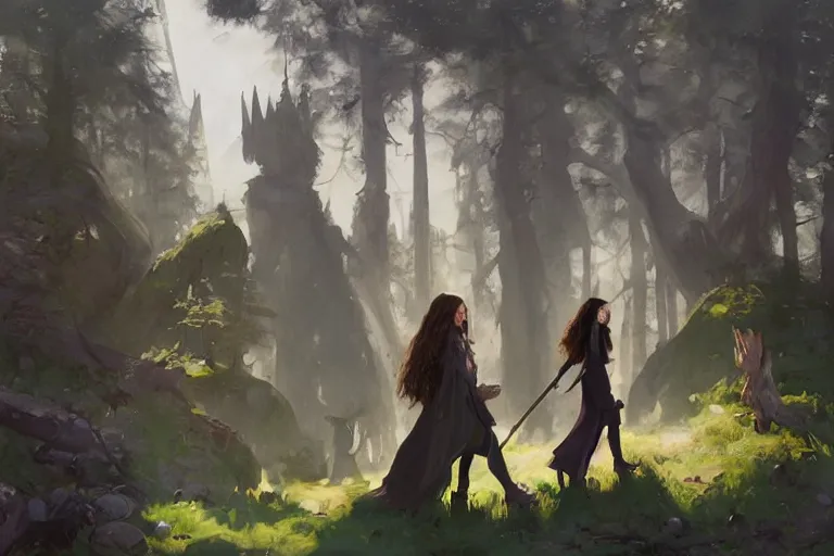 Image similar to hagrid the viking and gothic medieval morticia addams walking in enchanted forest in a sunny day, jodhpurs greg manchess painting by sargent and leyendecker, studio ghibli fantasy medium shot asymmetrical intricate elegant matte painting illustration hearthstone, by greg rutkowski by greg tocchini by james gilleard