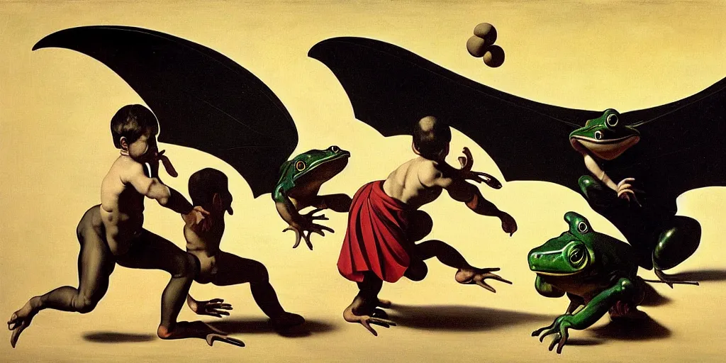 Image similar to “A painting by Caravaggio Dali Steichen depicting an early precursor to baseball called frogbat in which smiling children swing large black bats by their bat wing to hit a frog ball thrown by an insane child. The giant winged black bats love being swung by the children. 8k, mixed media, vray, maya, Houdini, zbrush, unreal engine, detailed, black bats, trending on artstation. ”