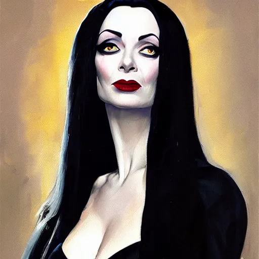 Image similar to greg manchess portrait painting of morticia from addams family as overwatch character, medium shot, asymmetrical, profile picture, organic painting, sunny day, matte painting, bold shapes, hard edges, street art, trending on artstation, by huang guangjian and gil elvgren and brom