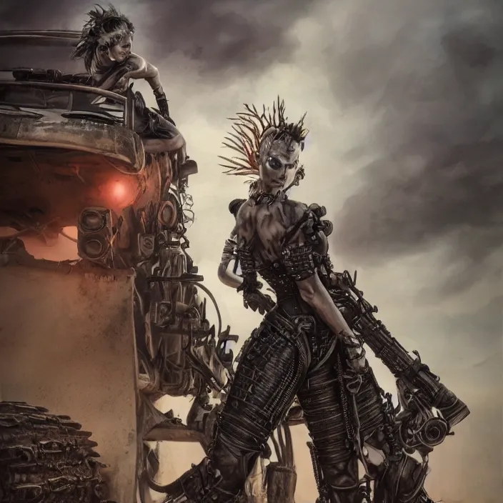 Image similar to beautiful apocalyptic woman with Mohawk, standing on mad max panzer tank, hyper-detailed, smooth, sharp focus, 4k ultra hd, fantasy dark art, tank girl, artgerm, artstation, octane render, elegant, detailed digital painting, apocalyptic art