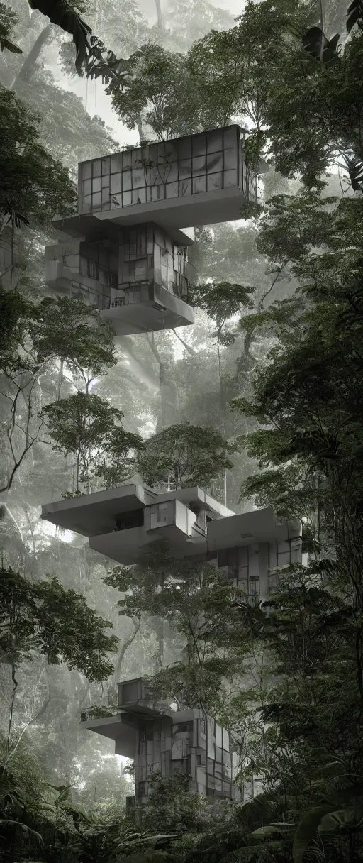Image similar to architecture inspired by le corbusier in the rainforest. nature is taking over. upside down. metabolism. matte painting. octane render. hdr. volumetric lighting. global illumination. atmospheric. photorealistic. color scheme black and white.