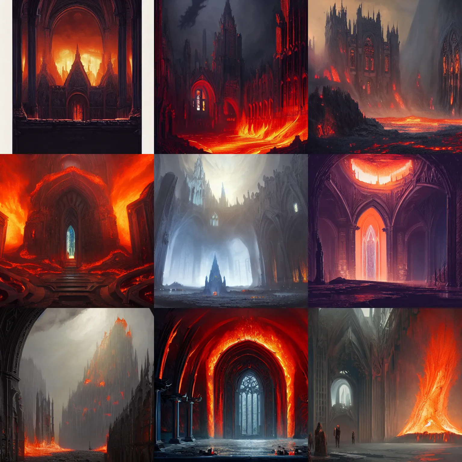 Image similar to an obsidian gothic cathedral with a giant obsidian door, in the elemental plane of fire, with rivers of lava surrounding it, Dungeon and Dragon illustration, painted by Greg Rutkowski, 4k, trending on ArtStation