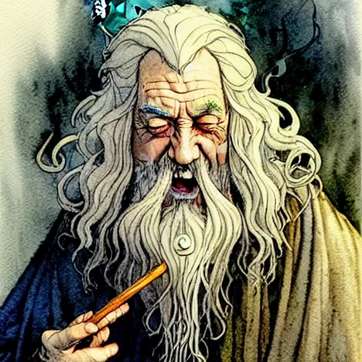 Image similar to a realistic and atmospheric watercolour fantasy character concept art portrait of gandalf with bloodshot eyes laughing and smoking weed out of his pipe by rebecca guay, michael kaluta, charles vess and jean moebius giraud