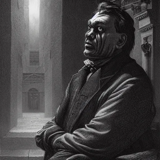 Image similar to viktor orban, creepy atmosphere, dark, portrait, realistic, very realistic, illustration by Gustave Doré