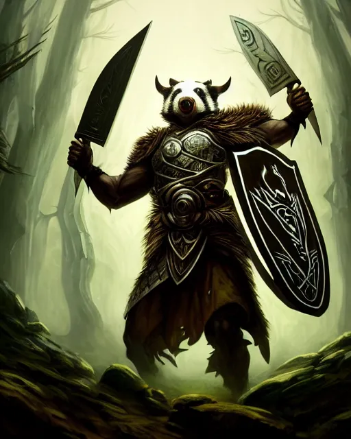 Prompt: Badger Warrior holding huge shield, forest background, D&D, artstation, fantasy, magic the gathering artwork, cinematic lighting, centered, symmetrical, highly detailed, digital painting, , concept art, smooth, sharp focus, illustration, volumetric lighting, epic Composition, 8k, art by Akihiko Yoshida and Greg Rutkowski and Craig Mullins, oil painting, cgsociety