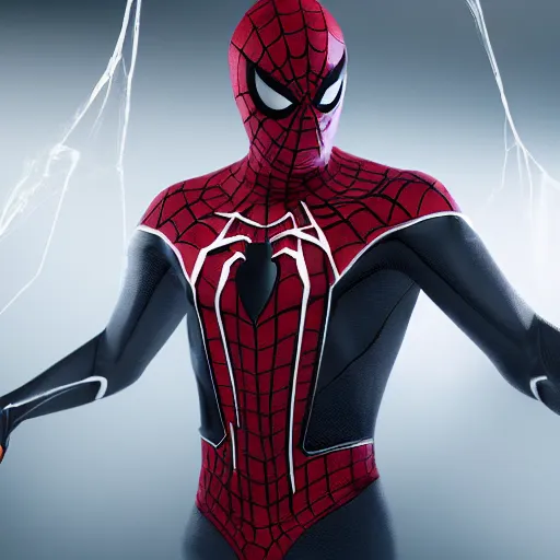 Image similar to black spider - man suit with white web lining, cinematic, volumetric lighting, realistic, hyperdetailed, photorealistic, photograph