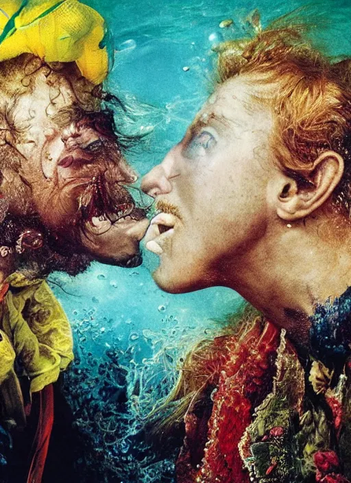 Image similar to detailed colourful masterpiece of photography by anne leibovitz couple portrait sat down extreme closeup, love, inside an underwater train, detailed realistic expressions, wearing unusual clothes, tsunami, by ford madox brown and william powell frith