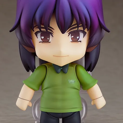Image similar to nendoroid of a man with green long messy hair, purple eyes, round eyebrows and purple clothes